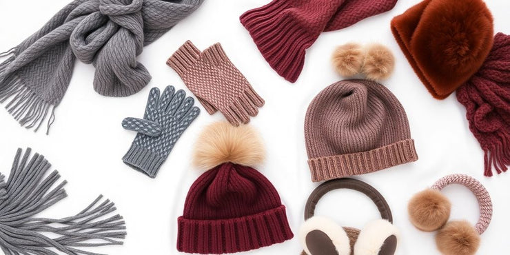 Colorful winter accessories on a snowy backdrop.