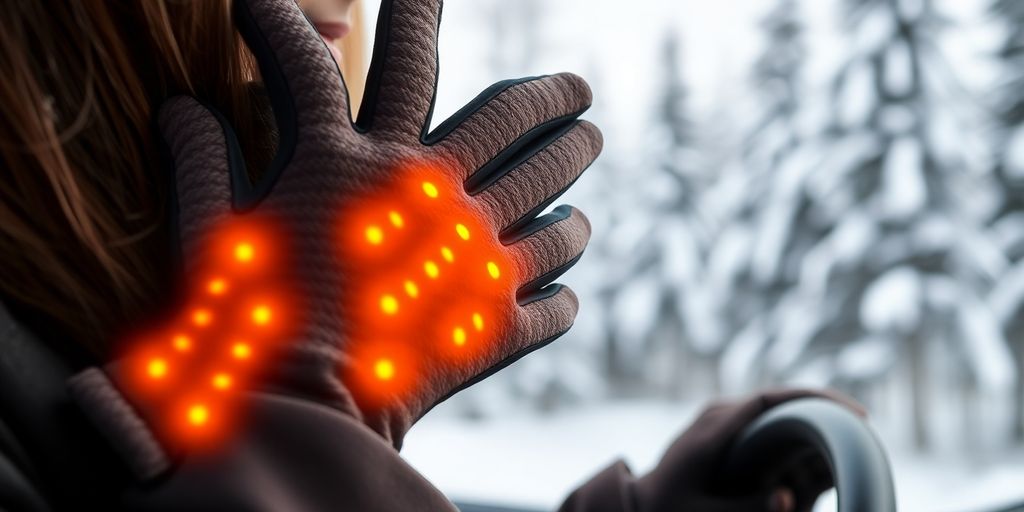 Stylish heated driving gloves for women on a snowy background.