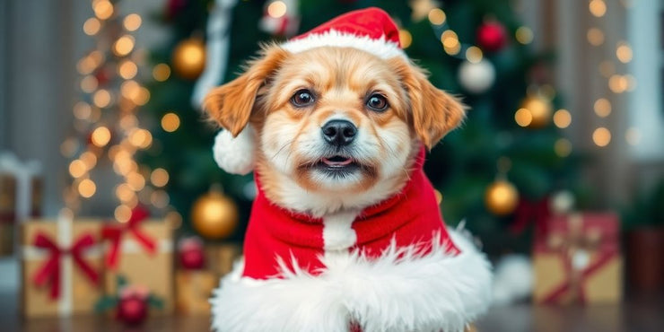 Dog in Santa outfit with holiday decorations.