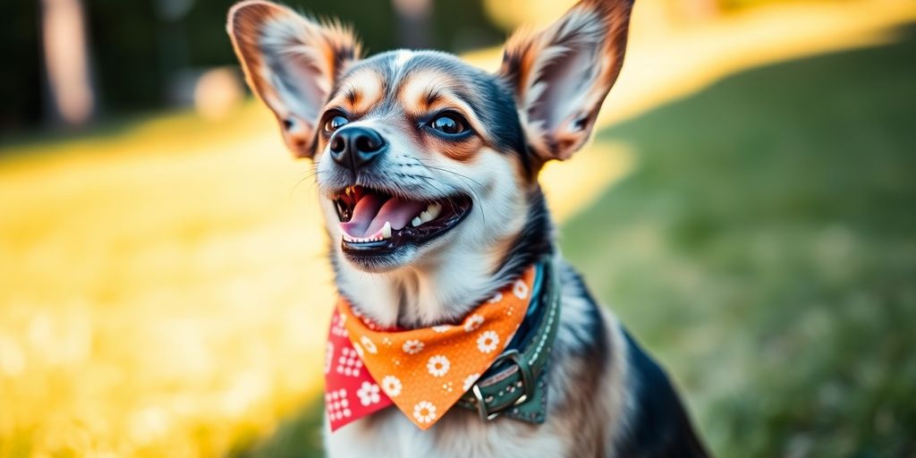 Happy dog wearing stylish bandana and collar.