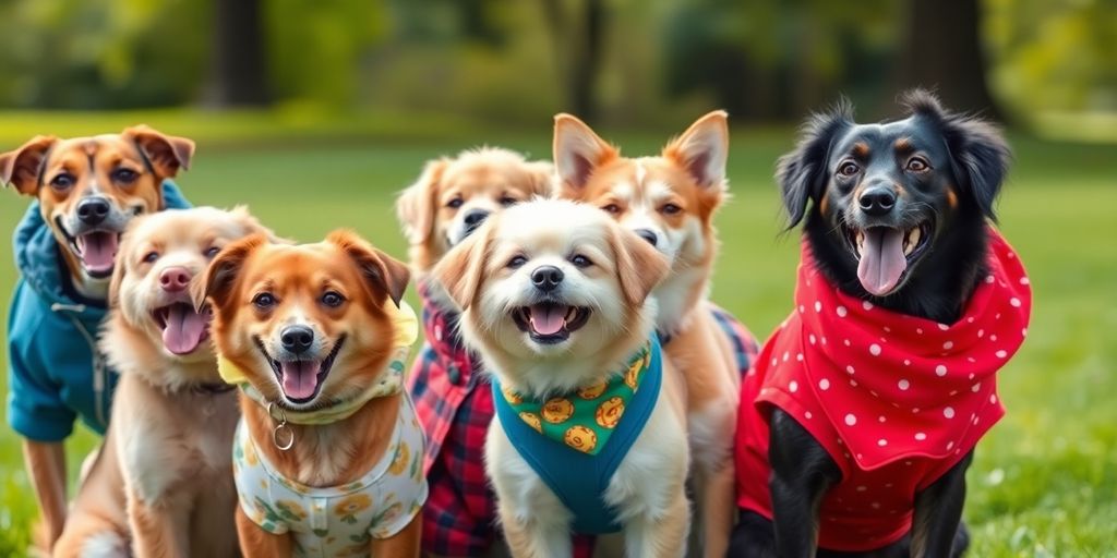 Dogs in various fashionable outfits.