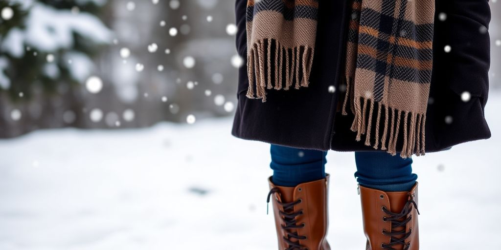 Stylish winter outfit in a snowy outdoor setting.