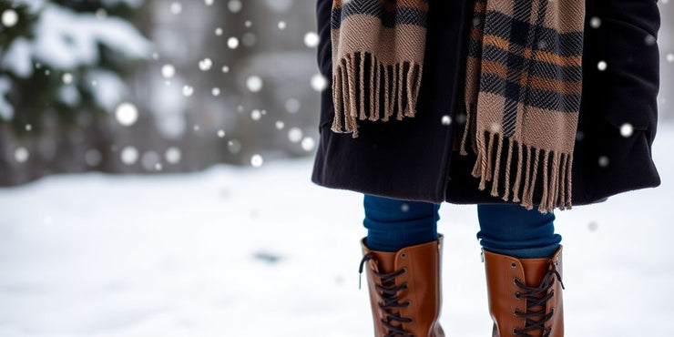 Stylish winter outfit in a snowy outdoor setting.