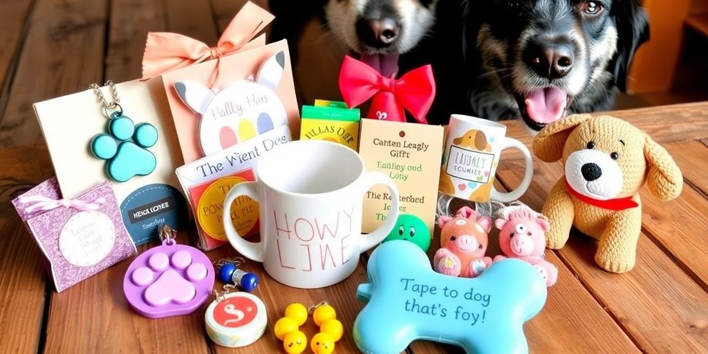 Colorful gifts for dog lovers on a wooden table.