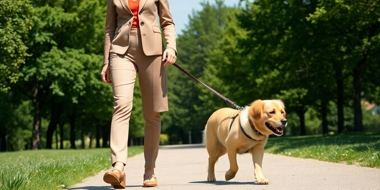 Stylish person and dog walking outdoors.