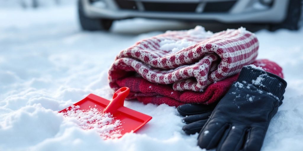 Winter car accessories: blanket, scraper, gloves on snow.
