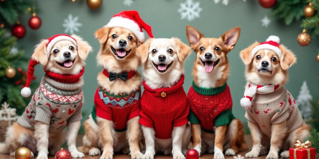 Dogs in stylish Christmas outfits with festive decorations.