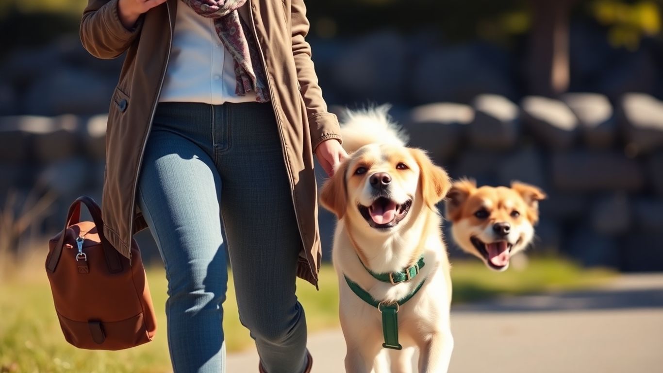 Person and dog walking outdoors in comfortable, stylish clothes.