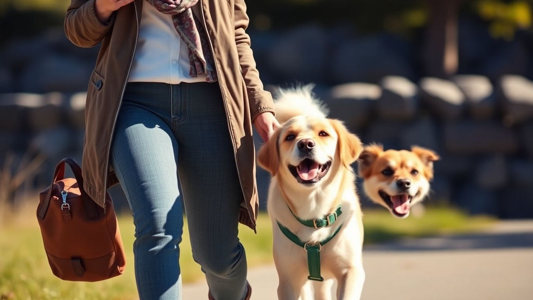 Person and dog walking outdoors in comfortable, stylish clothes.