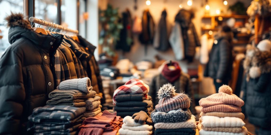 Winter gear including jackets, hats, and gloves in store.