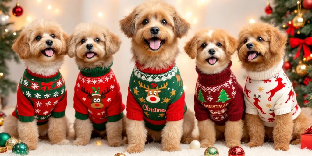 Dogs in colorful Christmas sweaters with festive patterns.