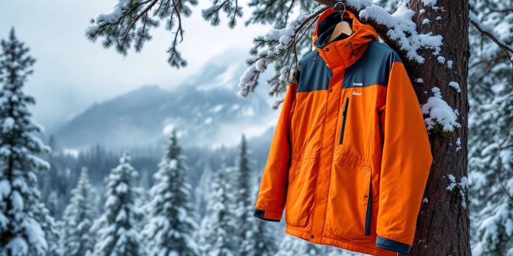 Colorful rain jacket in snowy forest setting.