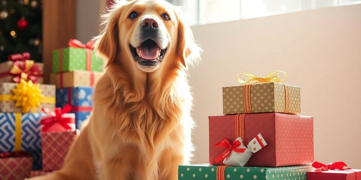 Dog with a gift box and a bow.