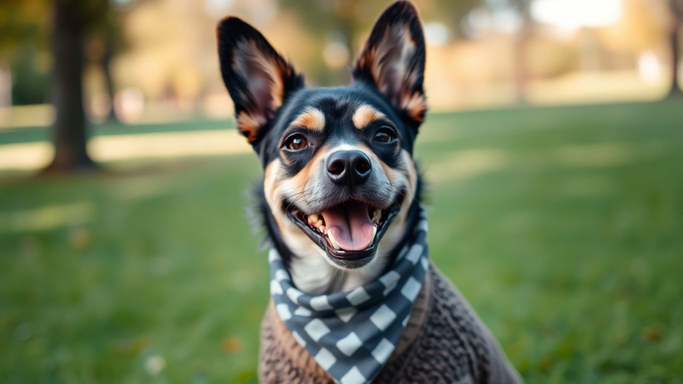 Dog wearing stylish bandana and sweater.