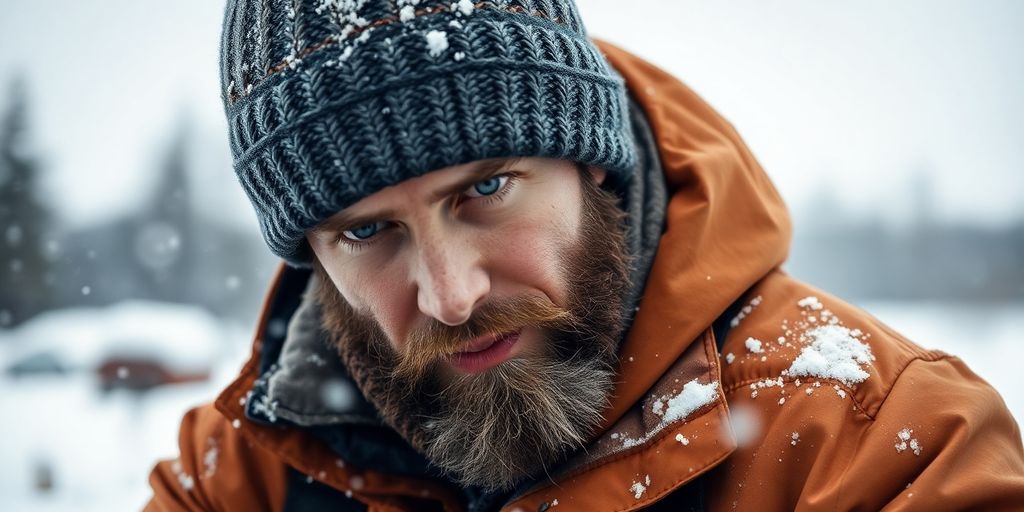 Man in warm hat working outdoors in winter snow.