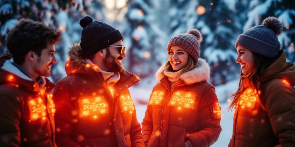 People in heated winter clothing in a snowy landscape.