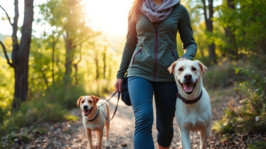 Person walking a dog in stylish outdoor clothes.