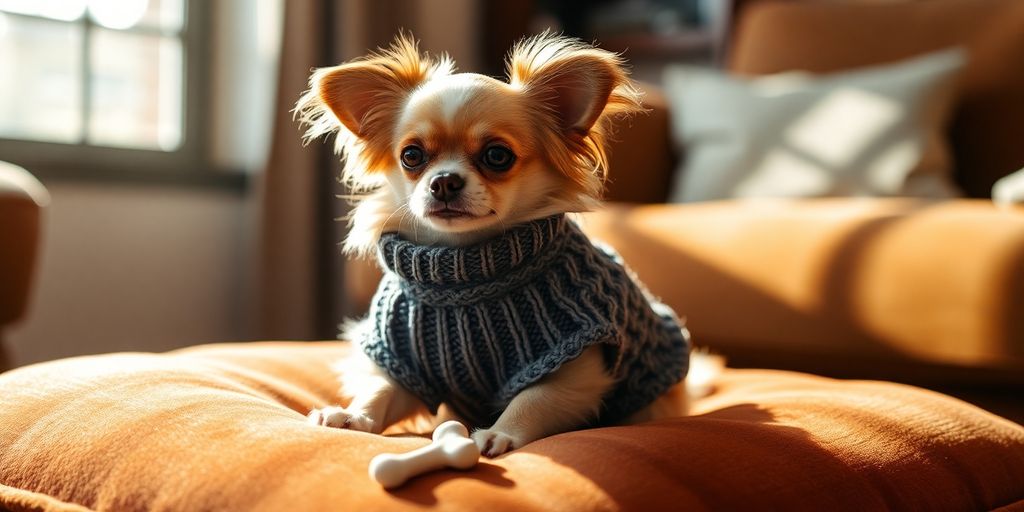 Tiny dog in a stylish, cozy sweater.