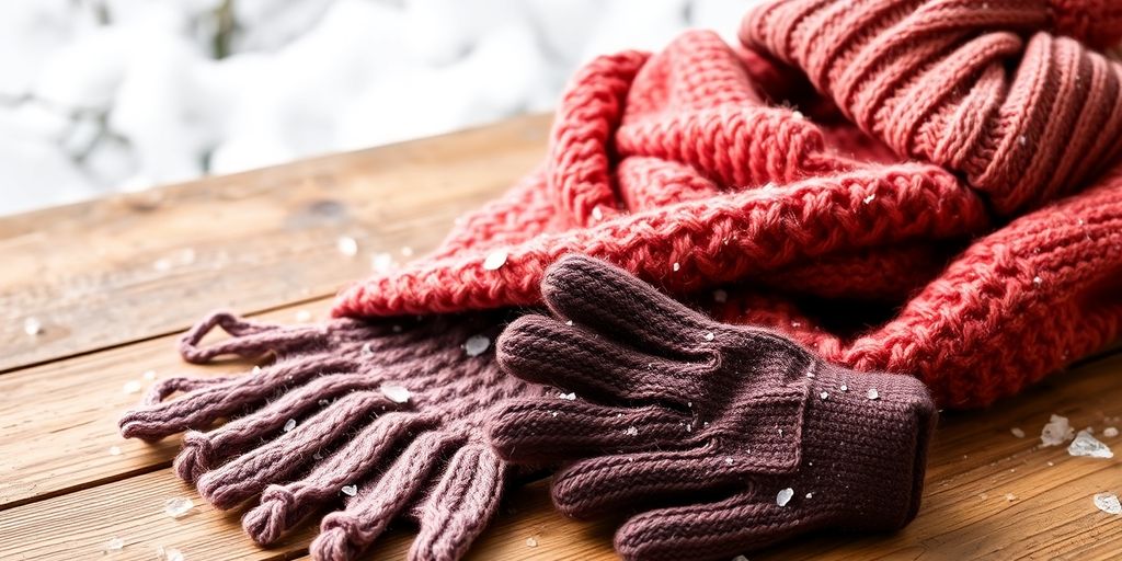 Knitted scarf, gloves, and beanie on a snowy table.
