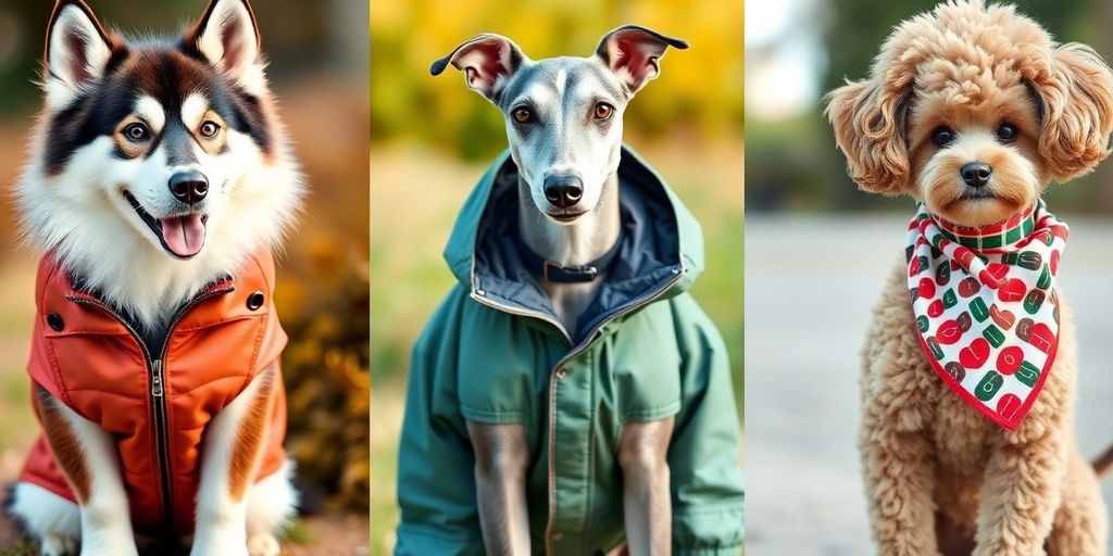 Dogs wearing various clothes, different breeds and seasons.