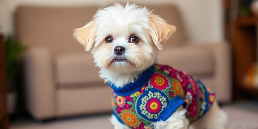 Small dog wearing a stylish, colorful shirt.