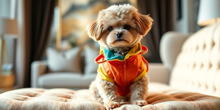 Small dog in stylish, colorful outfit.