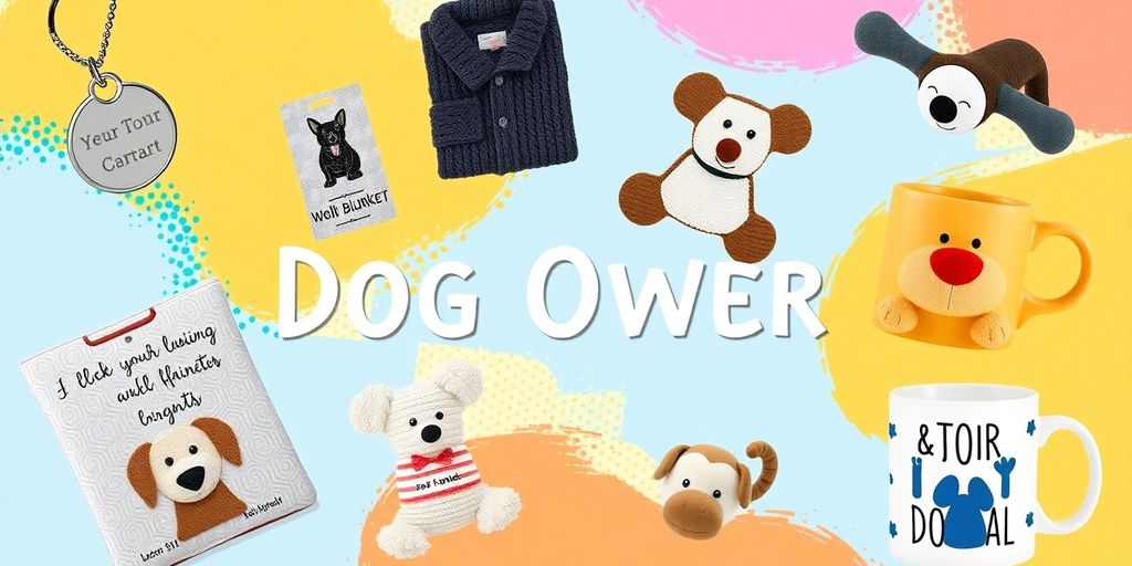 Collage of unique gifts for dog owners on colorful background.