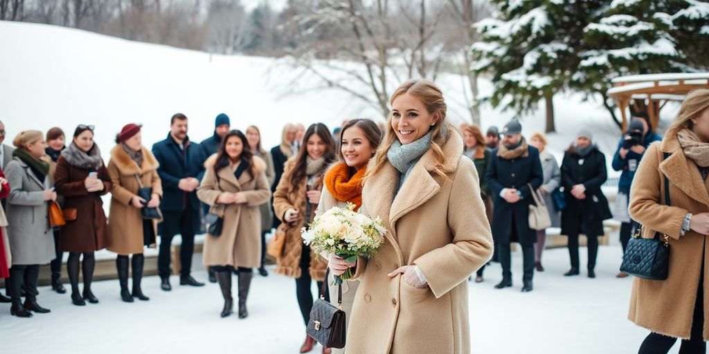 Elegant winter wedding guests in stylish outdoor attire.