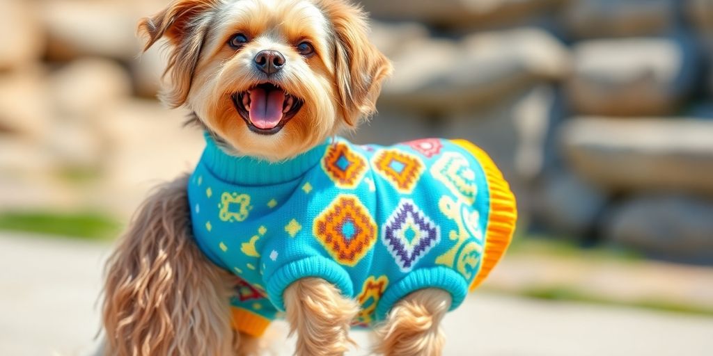 A happy dog wearing a stylish, custom-designed outfit.