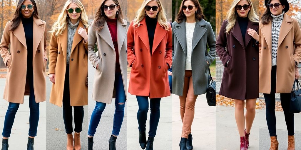 Stylish women wearing different fall coats outdoors.