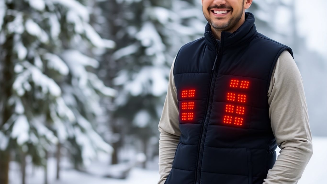 Man in a black heated vest in snowy outdoor setting.
