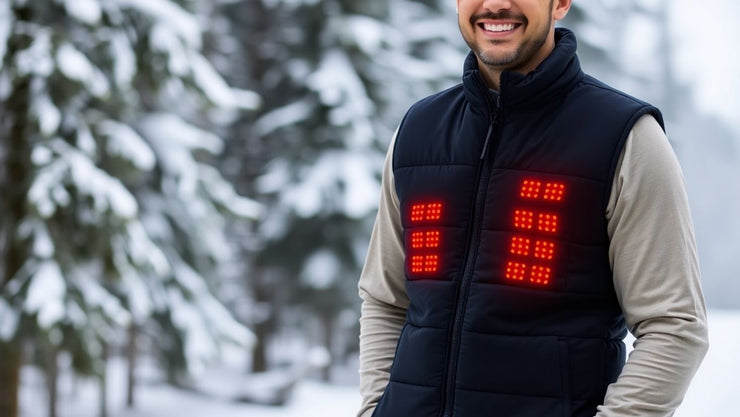 Man in a black heated vest in snowy outdoor setting.
