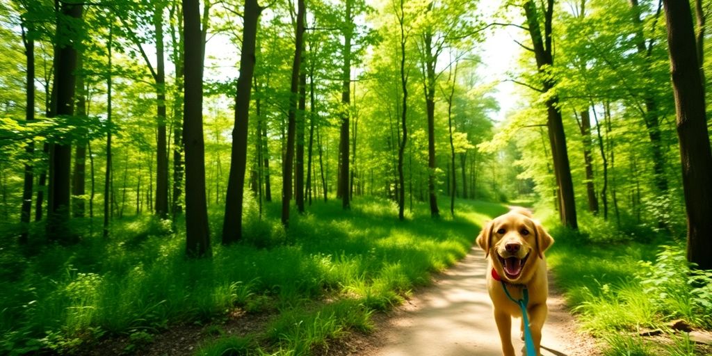 Happy dog walking on a scenic trail