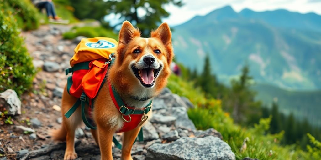 Dog with hiking gear on a mountain trail.