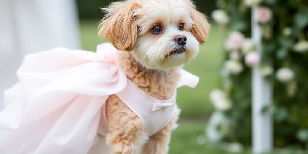 Small dog in a pink bridesmaid dress.