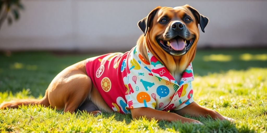 Large dog in a colorful shirt enjoying the outdoors.