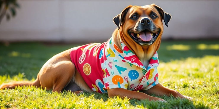 Large dog in a colorful shirt enjoying the outdoors.