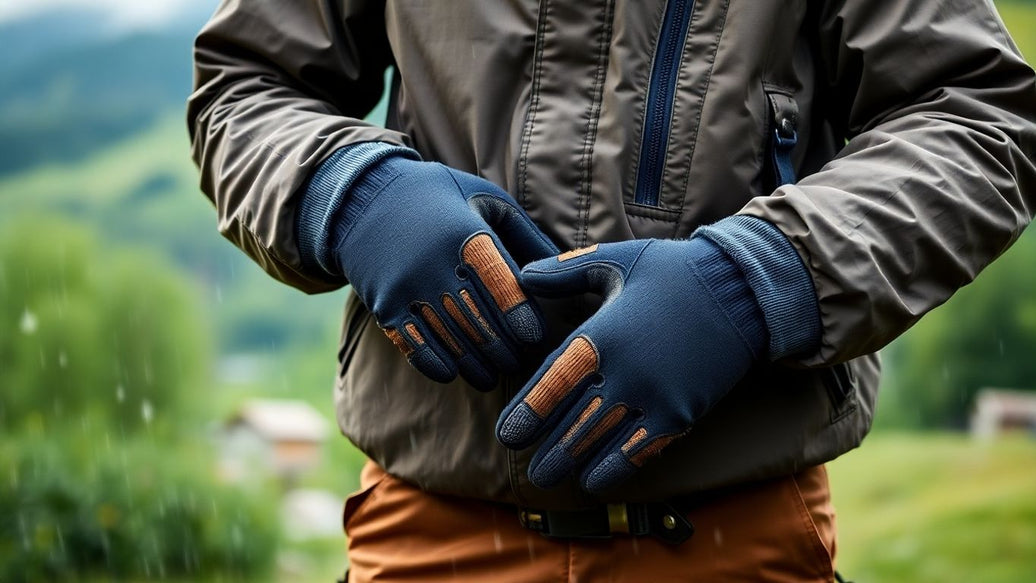 Worker in waterproof gear holding a tool outdoors in light rain.