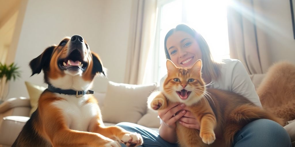 Happy dog and cat playing with owner.