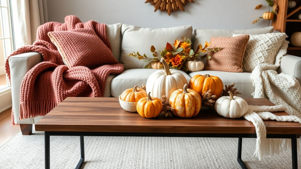 Cozy fall home decor with pumpkins and throws.