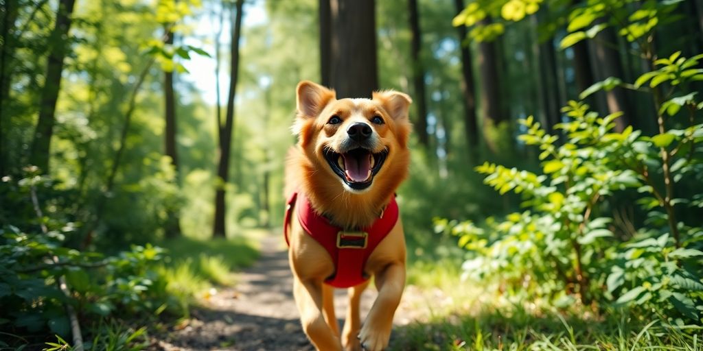 Happy dog wearing outdoor gear exploring nature.