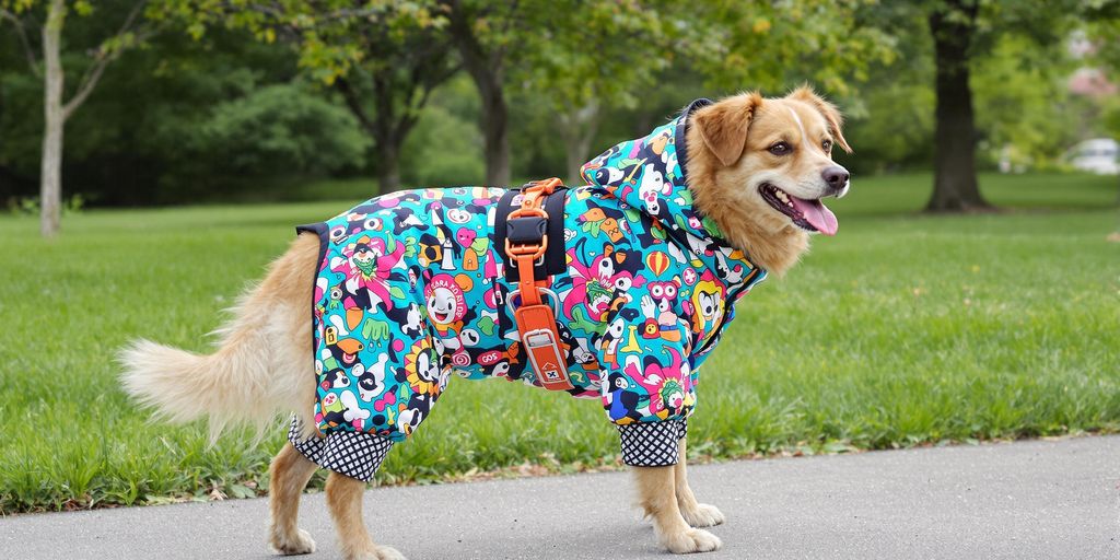 Happy dog in stylish long clothing outdoors.
