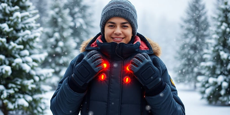 Person in heated clothes enjoying winter scenery.