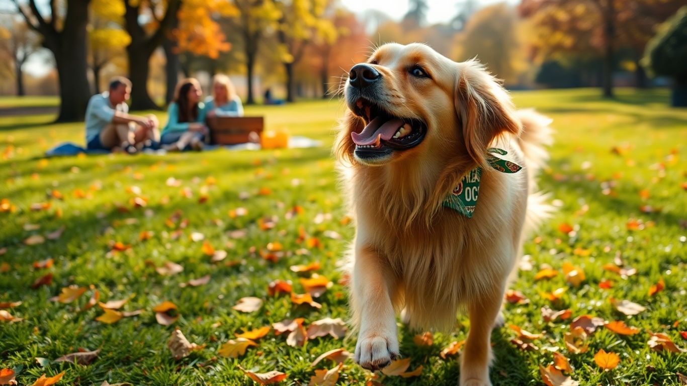 Dog playing fetch in a park with family