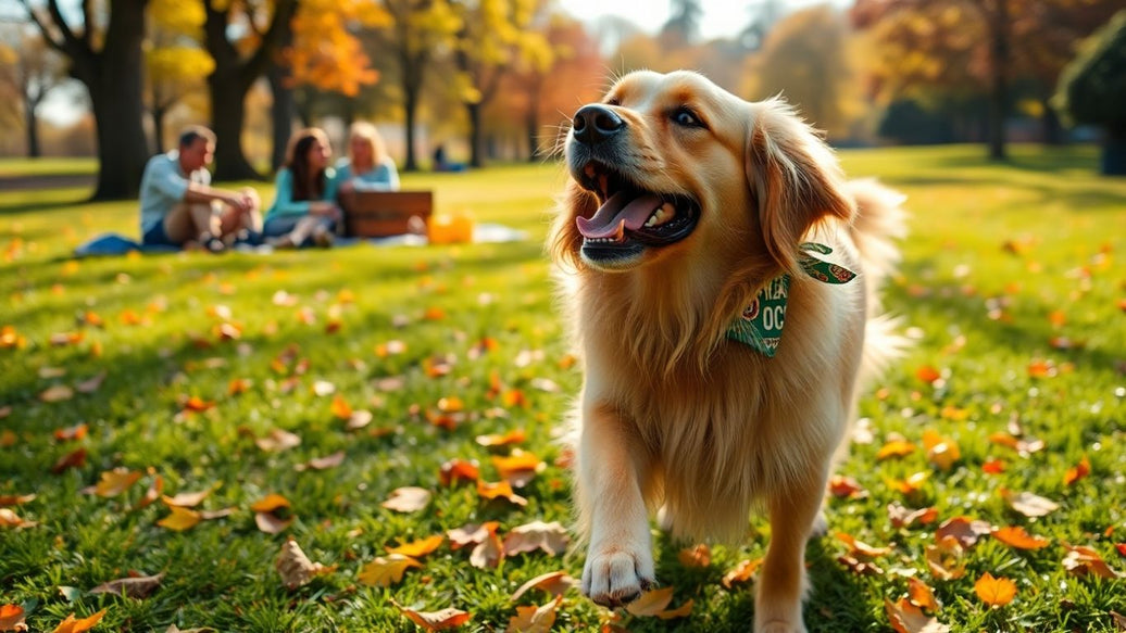 Dog playing fetch in a park with family