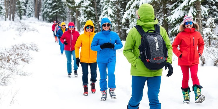 People in colorful winter gear enjoying the snowy outdoors.