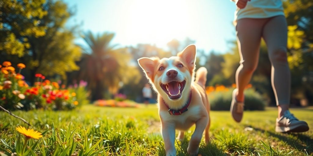 Dog walking in the summer sun at a park.