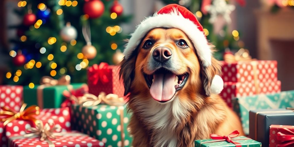 Dog in Santa hat with Christmas gifts.
