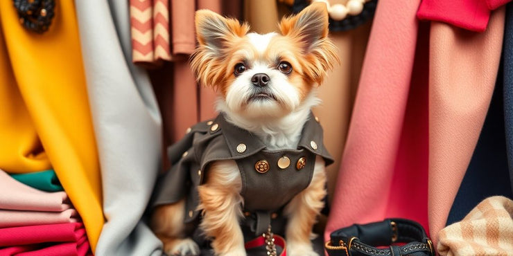 Dog in a dress with fabric swatches and accessories.