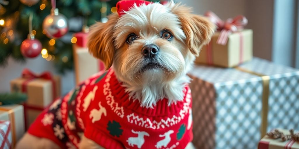 Dog in a Christmas sweater with holiday decorations.